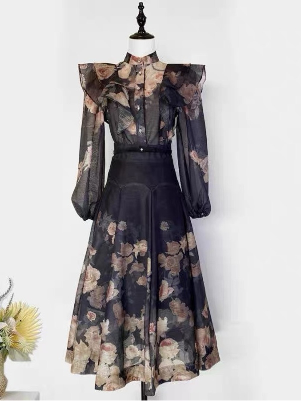 Designer-style Two piece Floral Black Midi Dress Set